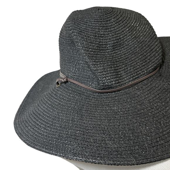 Peter Grimm Resort Wide Brim Floppy Hat Leather Cord UPF Black Brown One Size - Picture 4 of 11